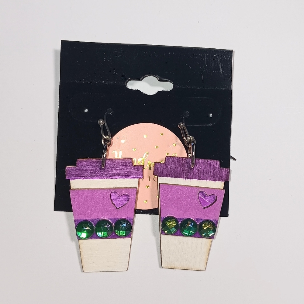 HANDMADE Coffee Lovers Purple & Green Wooden Travel To-go Coffee Cup Earrings